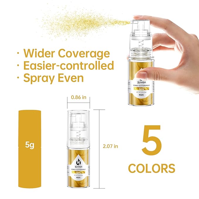 Edible Glitter Spray Set - 5 Colors Iridescent Gold Silver White &amp Rose Gold Food Grade Shimmer Powder Metallic Edible Spray Glitter for Cakes Cookies Chocolate &amp Strawberries 5g/Bottle