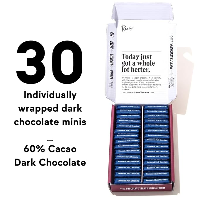 Raaka Dark Chocolate Gift Box | 60% Cacao Dark Chocolate | Organic Vegan Gluten Free | Box of 30 Individually Wrapped Chocolates