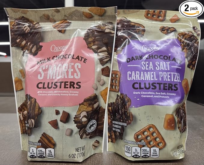 Choceur Milk Chocolate S'Mores &amp Dark Chocolate Sea Salt Caramel Pretzel Clusters 6oz 170g (Two Bags)