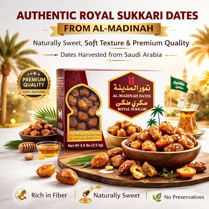 Royal Sukkari Dates from Al Madinah Saudi Arabia – Premium Soft &amp Moist Whole Dates Naturally Sweet Family Size Box for Ramadan Gifting &amp Daily Enjoyment (1.5 kg)