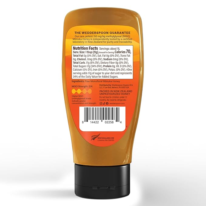Wedderspoon Raw Manuka Honey Unpasteurized Genuine New Zealand Honey Multi-Functional Non-GMO Superfood Convenient Squeeze Bottle KFactor 16 12 Ounce
