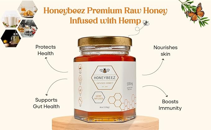 HoneyBeez Premium Raw Honey Infused with Hemp- 32mg per serving (Natural 8oz)