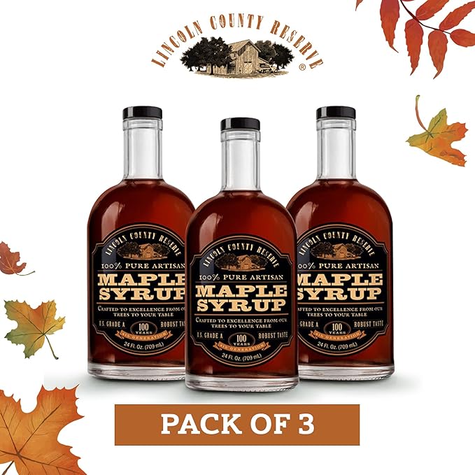 Lincoln County Reserve 100% Pure Maple Syrup with Robust Taste - 100% Pure Artisan Maple Syrup - Made in the USA 24 oz Glass Bottle 3 Pack