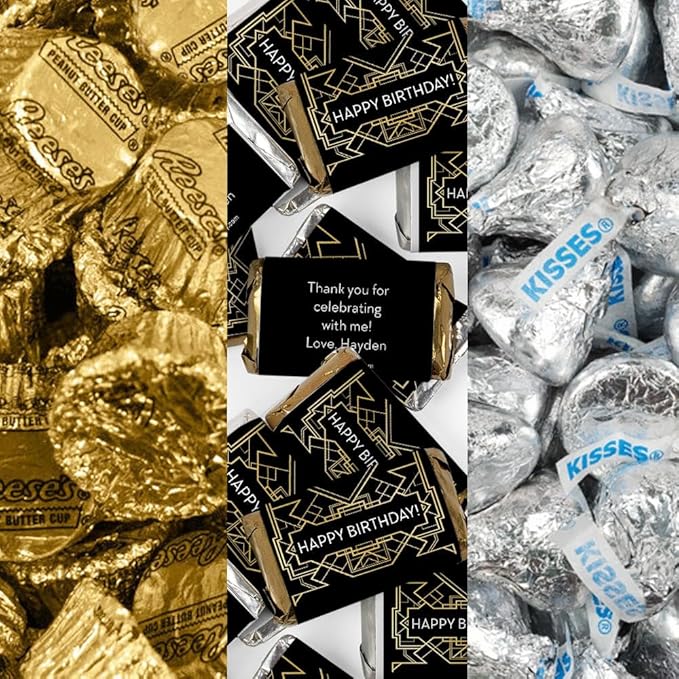 200pcs Personalized Gatsby Birthday Candy Kit Chocolate Party Favors for Guests Candy Buffet Supplies (Custom Wrapped Miniatures Kisses Peanut Butter Cups)