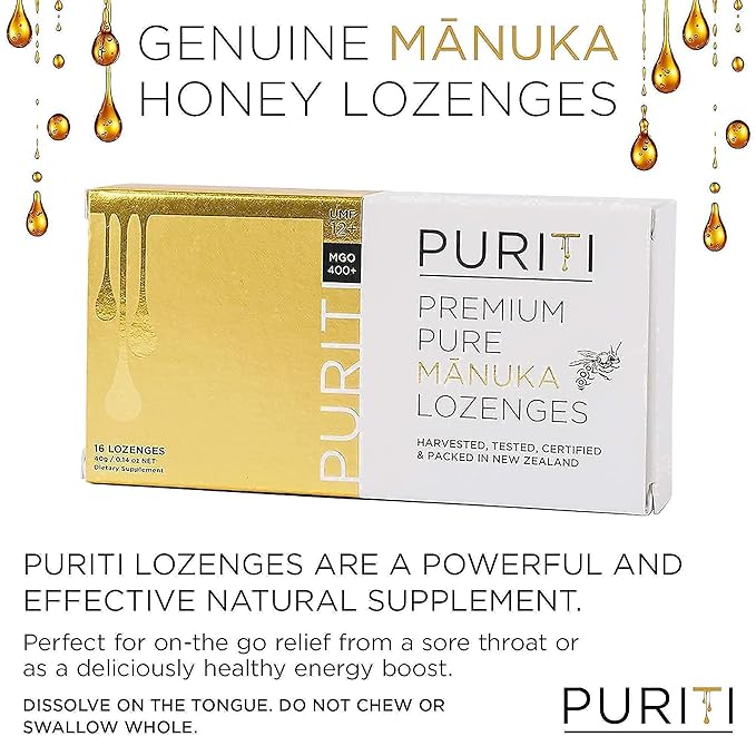 PURITI Manuka Honey Lozenges UMF 12+ (16 Pack) Manuka Honey UMF 10+ | Premium Sugar Free Throat Soothers for Coughs &amp Sore Throats | Premium Quality Authentic Superfood from New Zealand