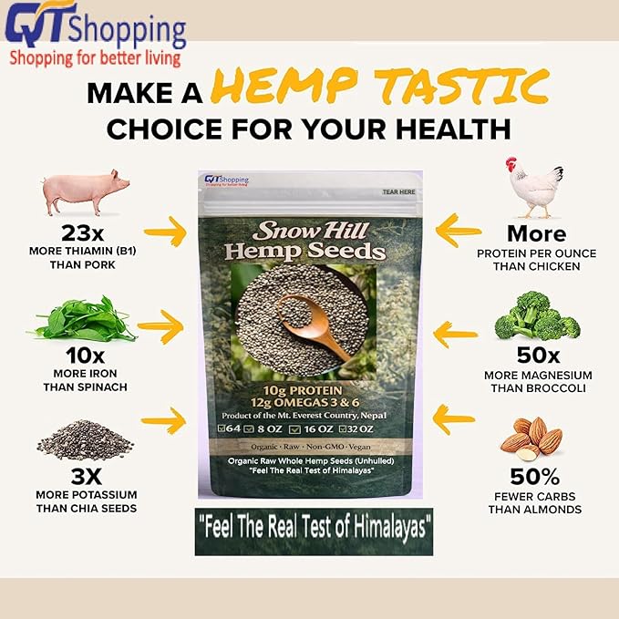 Snow Hill Organic Raw Whole Hemp Seeds 16 Oz (1 LB) – Unhulled 10g Plant Protein &amp 12g Omegas per Serving – Himalayan Hemp Seeds Grown Near Mt. Everest Nepal