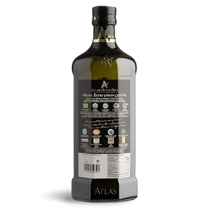 Atlas 750 mL Organic Cold Press Extra Virgin Olive Oil in Glass Bottle Polyphenol Rich from Morocco | Newly Harvested Unprocessed from One Single Family Farm | Moroccan EVOO Trusted by Award-Winning