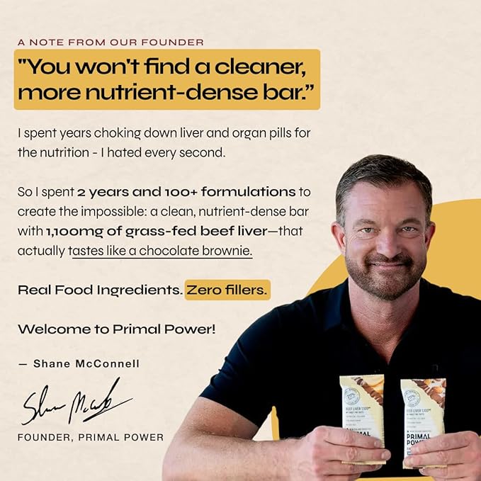 Primal Power Beef Liver Bar 1100mg - New Zealand Grass-Fed 211% DV B12 10g Protein Collagen - Zero Added Sugar No Seed Oils Gluten Free - Chocolate Peanut Butter (12 Pack)