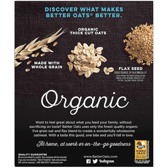 Better Oats Bare Organic Multigrain Hot Cereal Packets Instant Oatmeal Thick and Hearty Texture USDA Organic Box of 8 Pouches (Pack of 6)