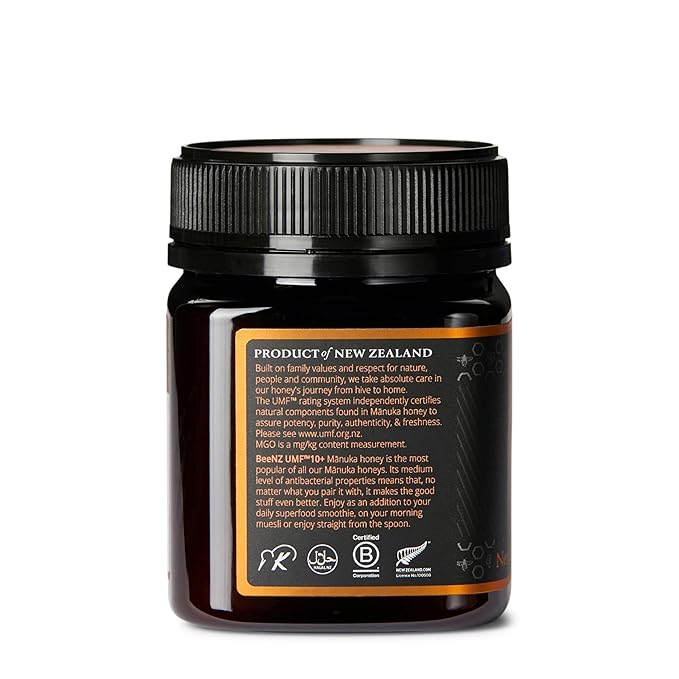BeeNZ Raw Mānuka Honey Certified UMF 10+ (MGO 263+) Pure New Zealand Monofloral Mānuka Natural Sweetener Superfood for Wellness Support No Sugar Added Traceable from Hive to Jar 8.8 oz/250g