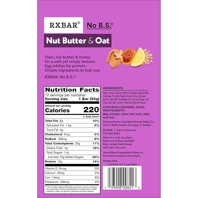 RXBAR Nut Butter and Oat Protein Bars Protein Snacks Snack Bars Lemon Honey Cashew Butter 23.2oz Box (12 Count)