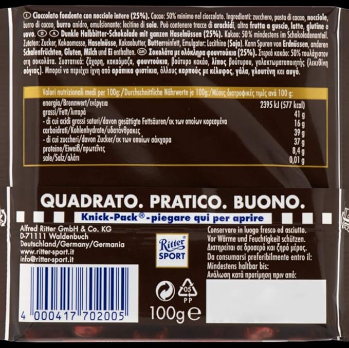 Ritter Sport Dark chocolate with Whole Hazelnuts 3.5-Ounce/100g Bars pack of 4