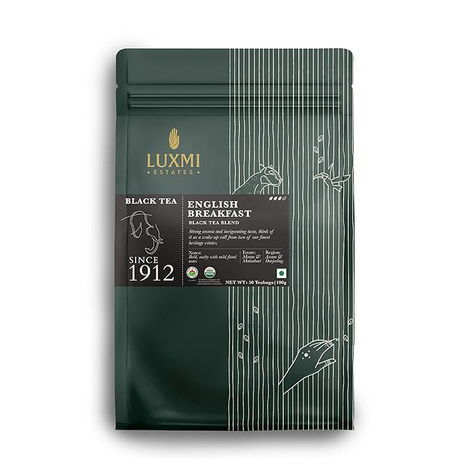 Luxmi Estates Tale of Two Estates Organic English Breakfast Tea (50 Tea Bags) Caffeinated Tea Bags For A Morning Boost and Natural Energy With Certified Organic Darjeeling &amp Assam Black Tea