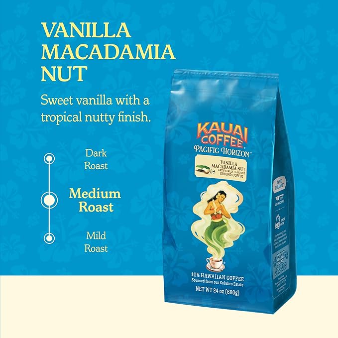 Kauai Coffee Ground Coffee – SmoothRichMedium Roast – Slightly Sweet Nutty Flavor-– Arabica-Coffee10% Hawaiian with No Bitterness-– Vanilla Macadamia Nut of 24oz(Pack of 2)