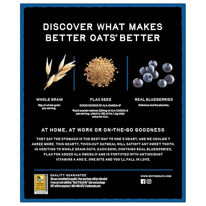 Better Oats Thick &amp Hearty Instant Oatmeal Packets Blueberry Muffin Flavor with Flax Seeds and Whole Grains Quick-Cooking Breakfast Kosher 15.1 oz Box (Pack of 1)