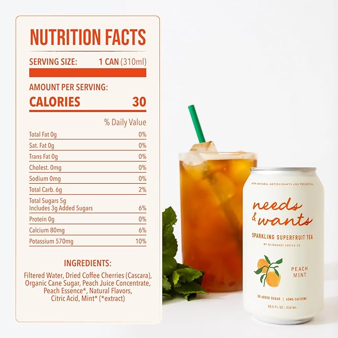 Needs &amp Wants Sparkling Tea - Peach Mint 10.5oz Cans (12 Pack) | Organic Superfruit Tea with Cascara Sweet Peach &amp Cooling Mint Lightly Sweet with Refreshing Summer Flavor and Natural Caffe