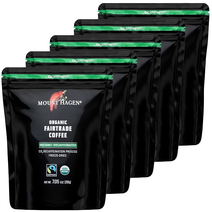 Mount Hagen 7.05oz Organic Freeze Dried Instant Decaf Coffee - 5 Pack | Organic Medium Roast Arabica Beans | Fair-Trade Eco-friendly in Resealable Pouch Bag [5x7.05oz]