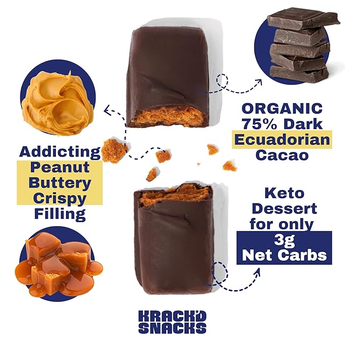 Krack’d Snacks Keto Chocolate Snack Bars 10 Pk | Handmade Low Carb Sugar Free Dark Chocolates with Peanut Butter Caramel Crunch Allulose | Vegan Non-GMO Gluten Free Chocolate Candy Bar
