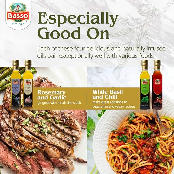 BASSO 1904 - Infused Extra Virgin Olive Oil Gift Box Set First Cold Pressed Variety Pack 4 bottles x 8.5 fl.oz (250ml) Naturally Infused for Dipping &amp Tasting