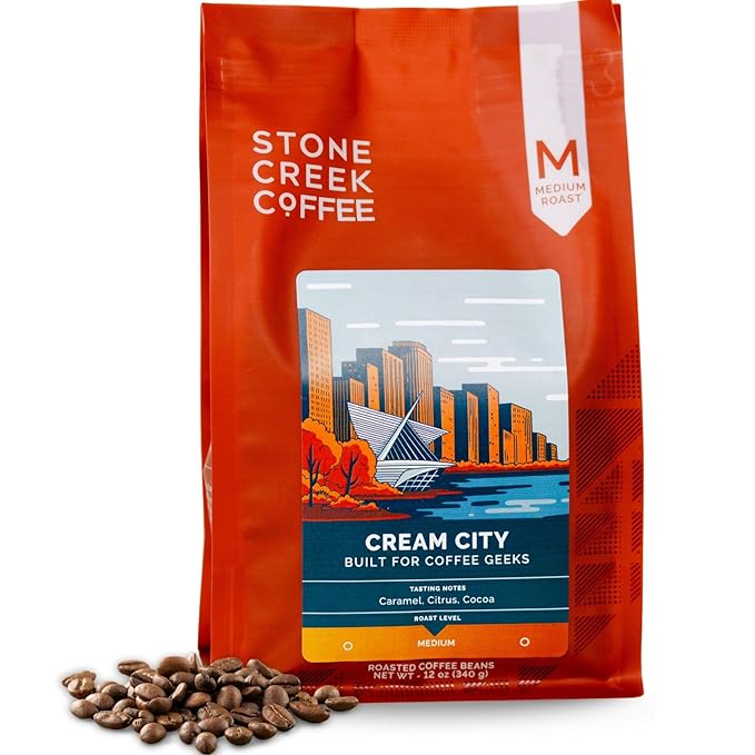 Stone Creek Coffee Medium Roast Whole Bean Coffee – 12 Ounce (Pack of 1) – Specialty Smooth and Sweet Fresh Roasted Coffee Beans with Fruity/Chocolate Tasting Notes Cream City