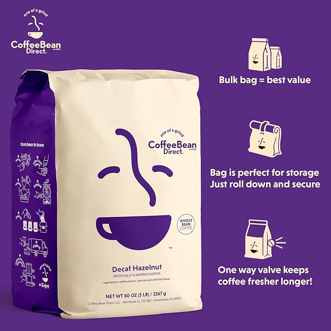 Coffee Bean Direct Decaf Hazelnut Flavored Whole Bean Coffee 5 Pound Bag (Pack of 1)