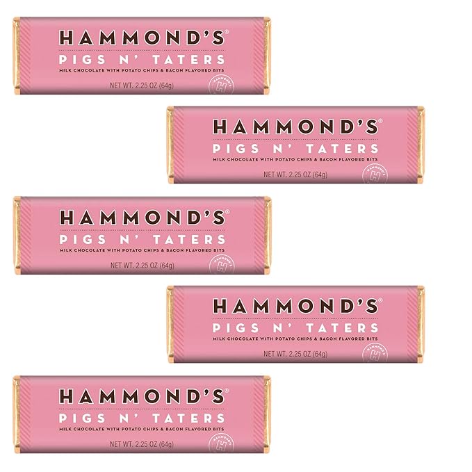 Hammond's Candies Gourmet Chocolate Candy Bars – Pigs N' Taters | Milk Chocolate Potato Chips Bacon Flavored Bits Salty Sweet and Savory Chocolate Bar Handcrafted in the USA | Pack of 5