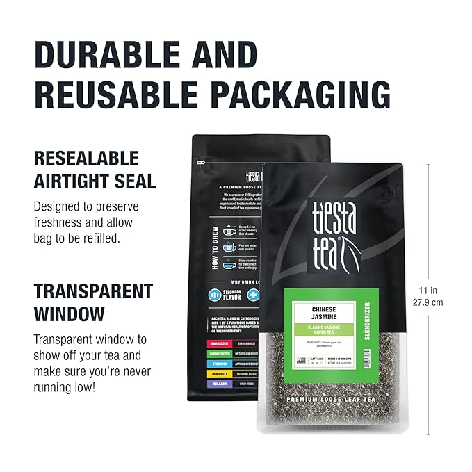Tiesta Tea - Chinese Jasmine Loose Leaf Classic Jasmine Green Tea Premium Blend Medium Caffeinated Make Hot or Iced Brews Up to 200 Cups 16 Ounce Resealable Bulk Pouch