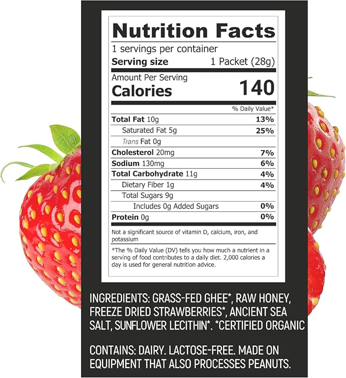 Ancestral Energy Strawberry Pack | Organic Grass-Fed Ghee &amp Raw Honey Blend | Animal-Based Energy Boost for Athletes | Hiking Cycling Running Backpacking | Healthy Snack (Pack of 6)