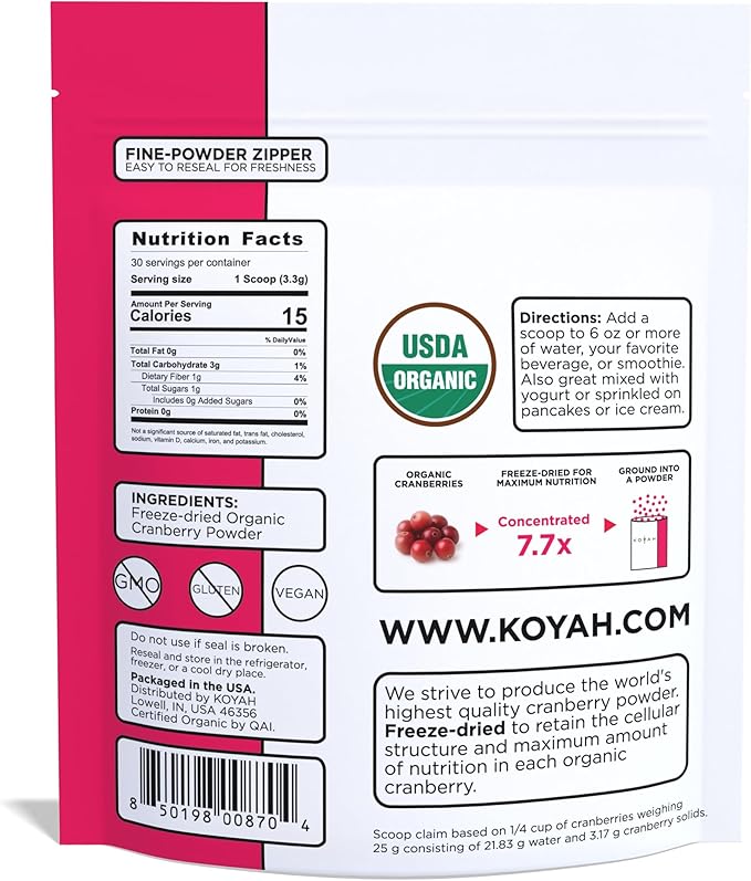 KOYAH - Organic Cranberry Powder: 30 Servings (1 Scoop = 1/4 Cup Fresh) Freeze-Dried Whole-Berry Powder 100% Pure - No Additives