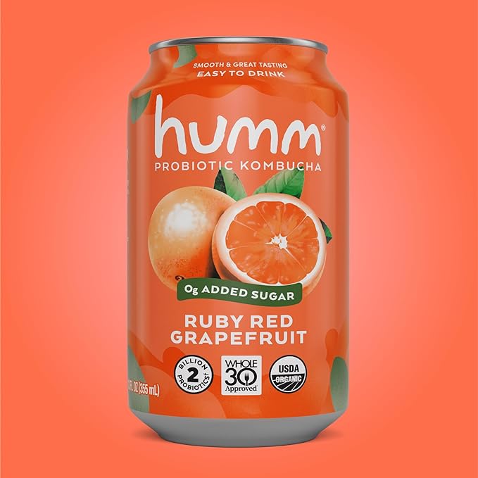 Humm Whole30 Approved Kombucha Ruby Red Grapefruit Organic Vegan &amp GMO Free (24 Pack)