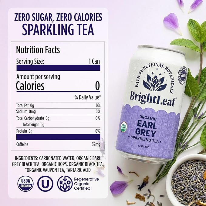 BrightLeaf Earl Grey Sparkling Tea with Functional Benefits For Focus – Regenerative Organic Lightly Caffeinated Zero Sugar Zero Calories Zero Sweeteners – 12oz Cans 12-Pack – Craft-Brewed with W