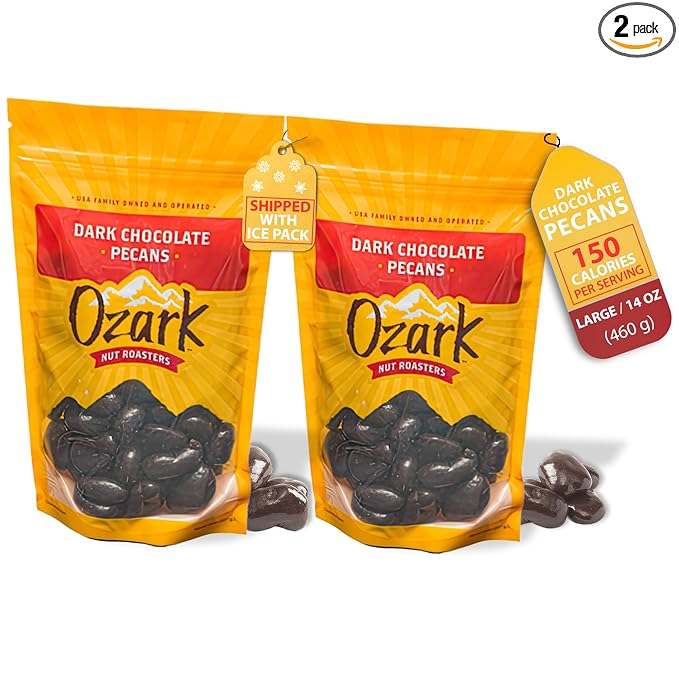 OZARK NUT ROASTERS Dark Chocolate Pecans Velvety Dark Chocolate Flavored Snacks World-Class Gourmet Candied Nuts Resealable Pack of 2 (14 oz)