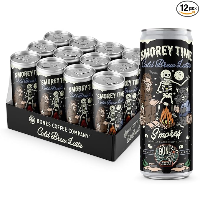 Bones Coffee Company S'morey Time Latte S'mores Flavored Coffee Medium Roast Ready To Drink Iced Coffee in Can 11 Fl Oz Can (12 Pack)
