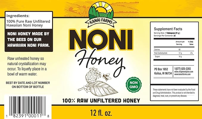 Noni Honey - 100% Pure Raw Unfiltered Unprocessed - 6 Pack of 12oz Glass Bottles