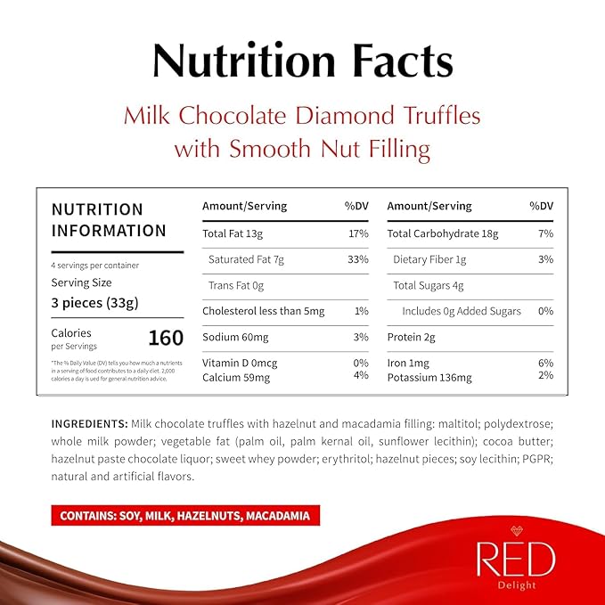 RED Delight®™ 100 Piece Chocolate Gift Box (100 Piece Gift Box w/Diamond Truffles Milk Chocolate w/Hazelnut &amp Macadamia Filling)