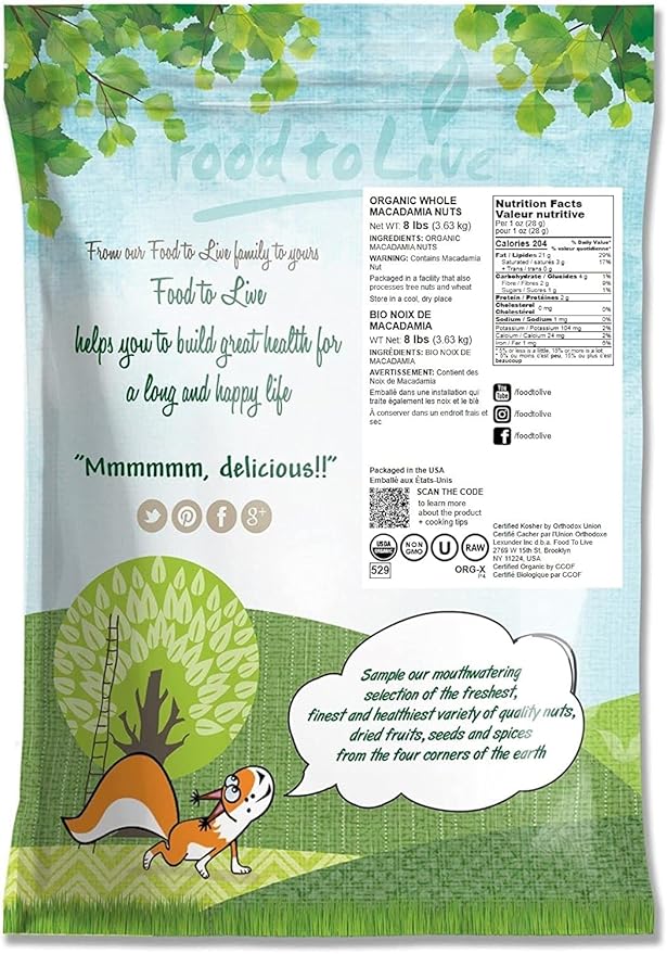 Food to Live Organic Whole Macadamia Nuts 8 Pounds – Non-GMO Raw Shelled Unsalted Kosher Vegan Bulk. Keto Snack. Buttery Flavor. Good Source of Fiber Healthy Fats. Perfect for Desserts.