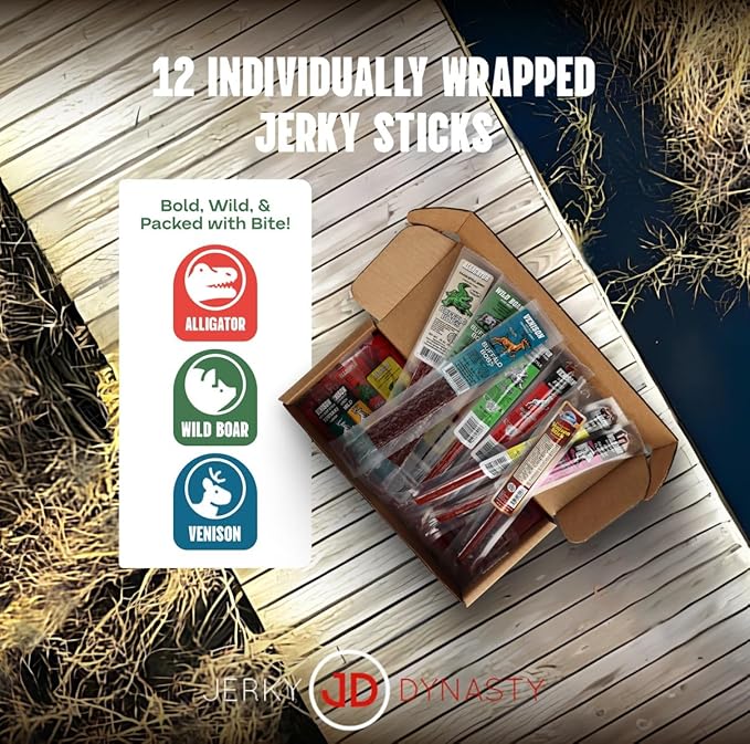 Jerky Dynasty Swamp Mix - 12-Piece Jerky Snack Variety Pack with Beef Venison Wild Boar &amp Alligator - Bold High-Protein Snacks for Outdoor Adventures Gatherings &amp On-the-Go