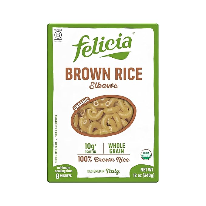 Felicia Gluten Free Pasta Brown Rice Elbows 10G Protein per Serving Organic Whole Grain Noodles Made With 100% Brown Rice Designed in Italy Plant Based Non GMO 12 Oz 6 Boxes