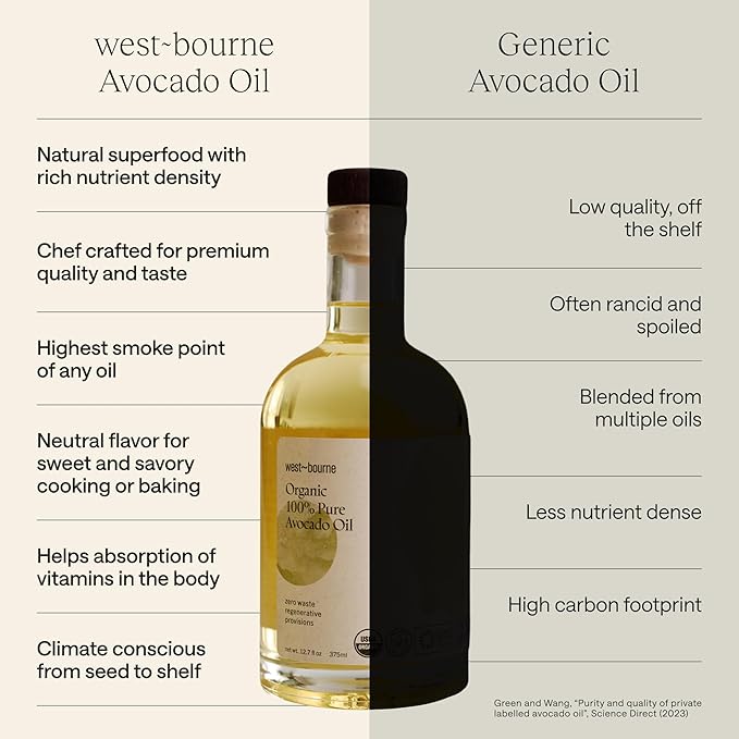 west~bourne Organic Avocado Oil Set (2 x 12.7 Fl oz) – 100% Pure Oil for High Heat Cooking &amp Cold Pressed Extra Virgin Finishing Oil in Glass Bottles - Non-GMO Vegan Gluten-Free Paleo Friendly