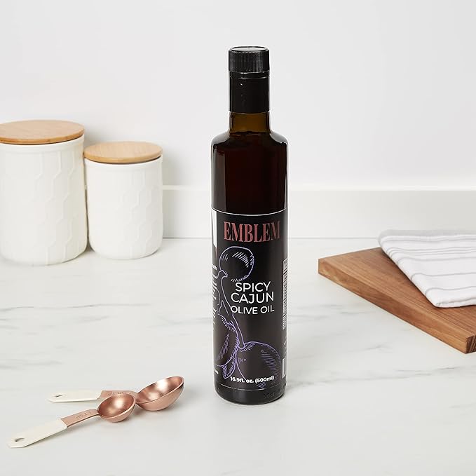 Emblem 100% Extra Virgin and Infused Olive Oil for Everyday Kitchen Use | Cold Extracted Cooking &amp Baking | Non GMO Keto Vegan Friendly 500ml (Spicy Cajun)