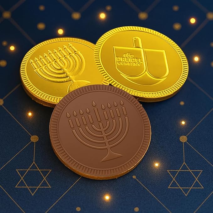 The Dreidel Company Hanukkah Chocolate Gelt 288-Pack Mesh Bags of Milk Chocolate Coins Kosher Certified Dairy Dreidel and Menorah Design Chanukah Coins
