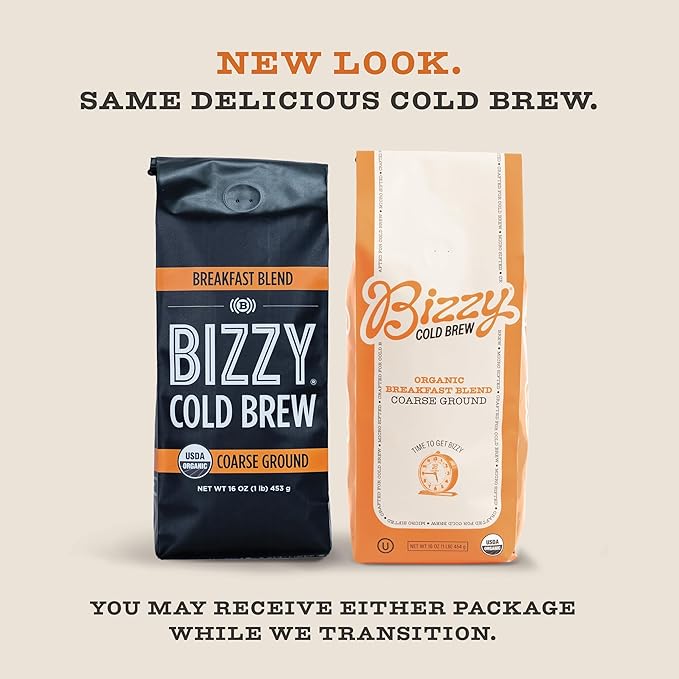 Bizzy Organic Cold Brew Coffee | Bundle | Coarse Ground Coffee | Smooth &amp Sweet 1 LB + Breakfast Blend 1 LB | 2 Pack