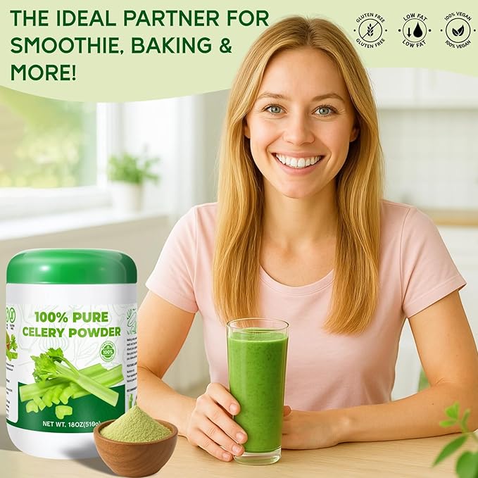 18OZ Pure Celery Powder - 100% Natural Dried Celery Juice Flavoring Powder Non GMO &amp Gluten Free Low Fat Perfect for Smoothie Baking Seasoning Drinks(510g)
