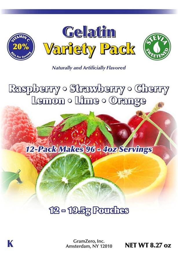 GramZero Variety (Raspberry Strawberry Cherry Lemon Lime Orange) Sugar Free Gelatin Mix 12-Pack Zero Carb Dessert Stevia Sweetened