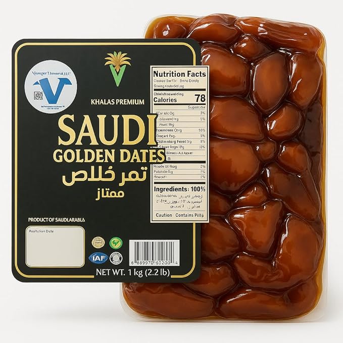 Khalas Premium Saudi Golden Dates - 1kg (2.2 lb) Vacuum Sealed Pack - 100% Natural No Added Sugar Healthy Energy Snack - Product of Saudi Arabia