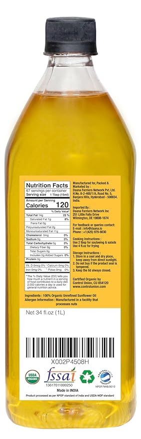 Daana Sunflower Oil: Certified USDA Organic Extra Virgin Cold Pressed High Oleic Non-GMO. Healthy Oil for Cooking Baking Frying Hair and Skin Care. Pesticide and Chemical Free (34 Fl oz) (Pack