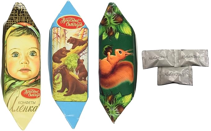 Mishka Kosolapy Belochka and Alenka Assorted Famous Russian Candies (1 LBS) Includes Our Exclusive HolanDeli Chocolate Mints