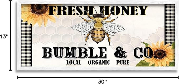 Stupell Industries Fresh Honey Bumble &amp Co. Advertisement Sunflowers Bee White Framed Wall Art 30 x 13 Yellow
