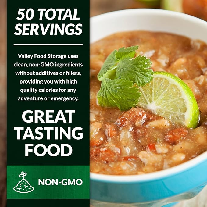 Valley Food Storage White Bean &amp Lime Chili | 10-Bag Bucket 50 Servings | Premium Emergency Food Supply 25 Year Shelf Life | Survival Meal Kits Prepper Food &amp Off-Grid Living Supplies Pack