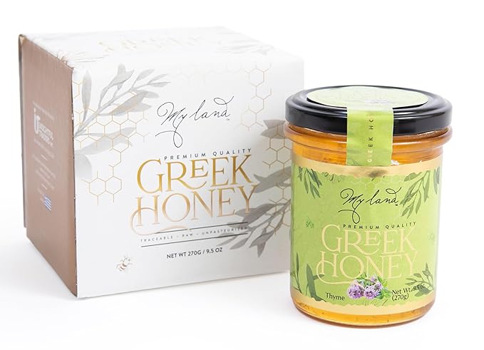 MY LAND Raw Unfiltered Greek Honey – Wild Thyme from Mt. Pangaion Naturally Dense &amp Unpasteurized Pollen-Rich Raw Sweetener from Greece | 9.5 oz Glass Jar (Pack of 1)